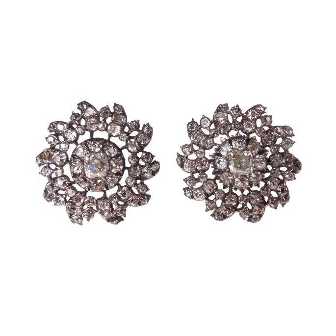 Pair of cushion cut diamond flower cluster earrings | MasterArt